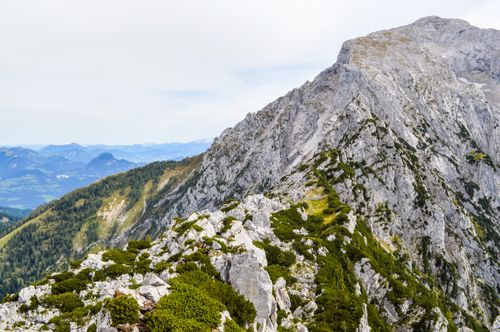 Free Rough stone hills with moss in valley with peaks covered with bushes on gloomy nasty day Stock Photo
