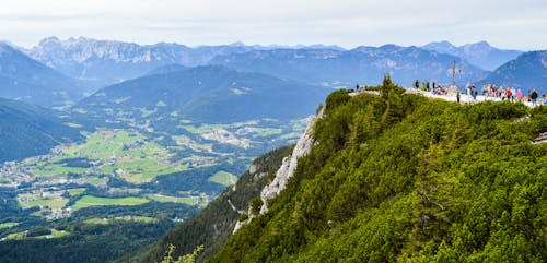 From above of anonymous people walking in majestic landscape of forested mountains with trees and grassy meadows in fog