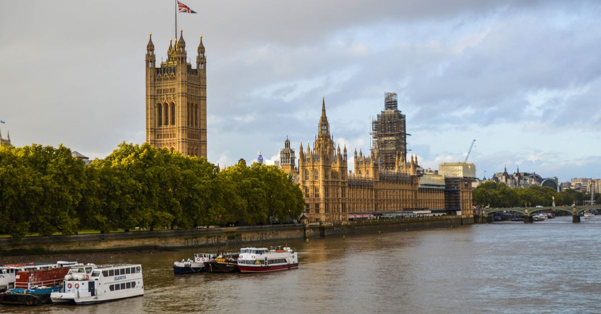 Exterior of aged building of the Houses of Parliament on bushy coast near river with vessels under cloudy sky of London
