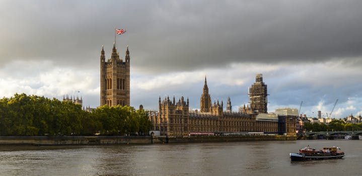 Exterior of Houses of Parliament with flag of England in front of Thames in cloudy day