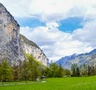 Scenic view of valley with green grass and trees and pathway against rocky mountain cliffs