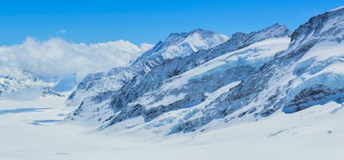 Free Snowy mountains under blue sky in winter Stock Photo