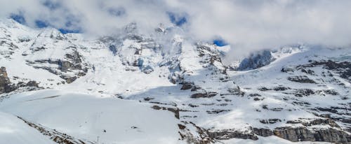 Snowy mountains under cloudy sky in cold weather