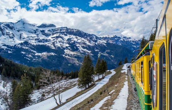Modern train riding on railroad through coniferous woods in snowy mountainous valley in Switzerland