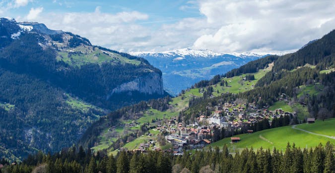 Scenic view of Lauterbrunnen Valley with lush greenery, snow-capped mountains, and a tranquil village.