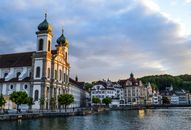 Facade of medieval Baroque church on town seafront