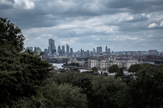 Stunning panoramic view of London skyline with iconic architecture under dramatic clouds.