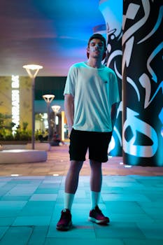 A young man stands confidently in an urban setting, highlighted by vibrant neon lighting.