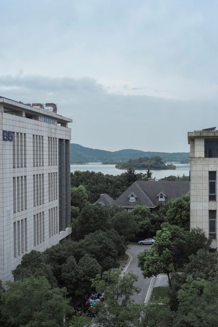 Cityscape featuring buildings, greenery, and a distant lake view.
