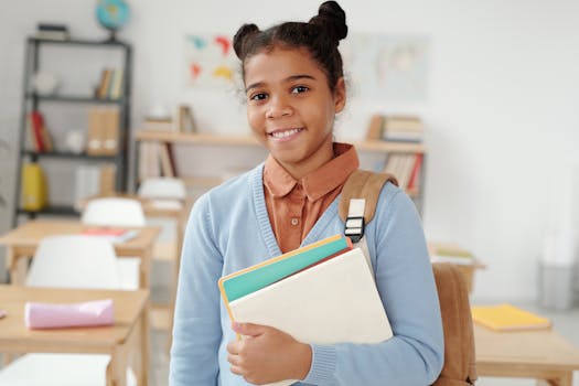 Cheerful teenager standing in classroom holding notebooks, promoting education.