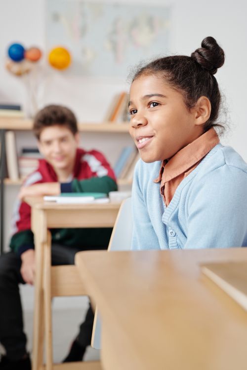 Free Two students in a classroom setting, focusing and smiling during a lesson. Stock Photo