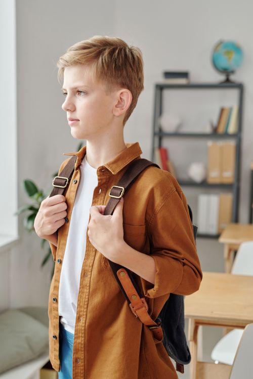 Free A young boy with a backpack looks out thoughtfully in a classroom setting. Stock Photo