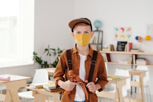 Boy in Brown Long Sleeves and Cap Wearing Face Mask 