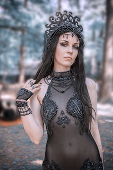Elegant brunette in gothic cosplay with intricate headdress posing outdoors.