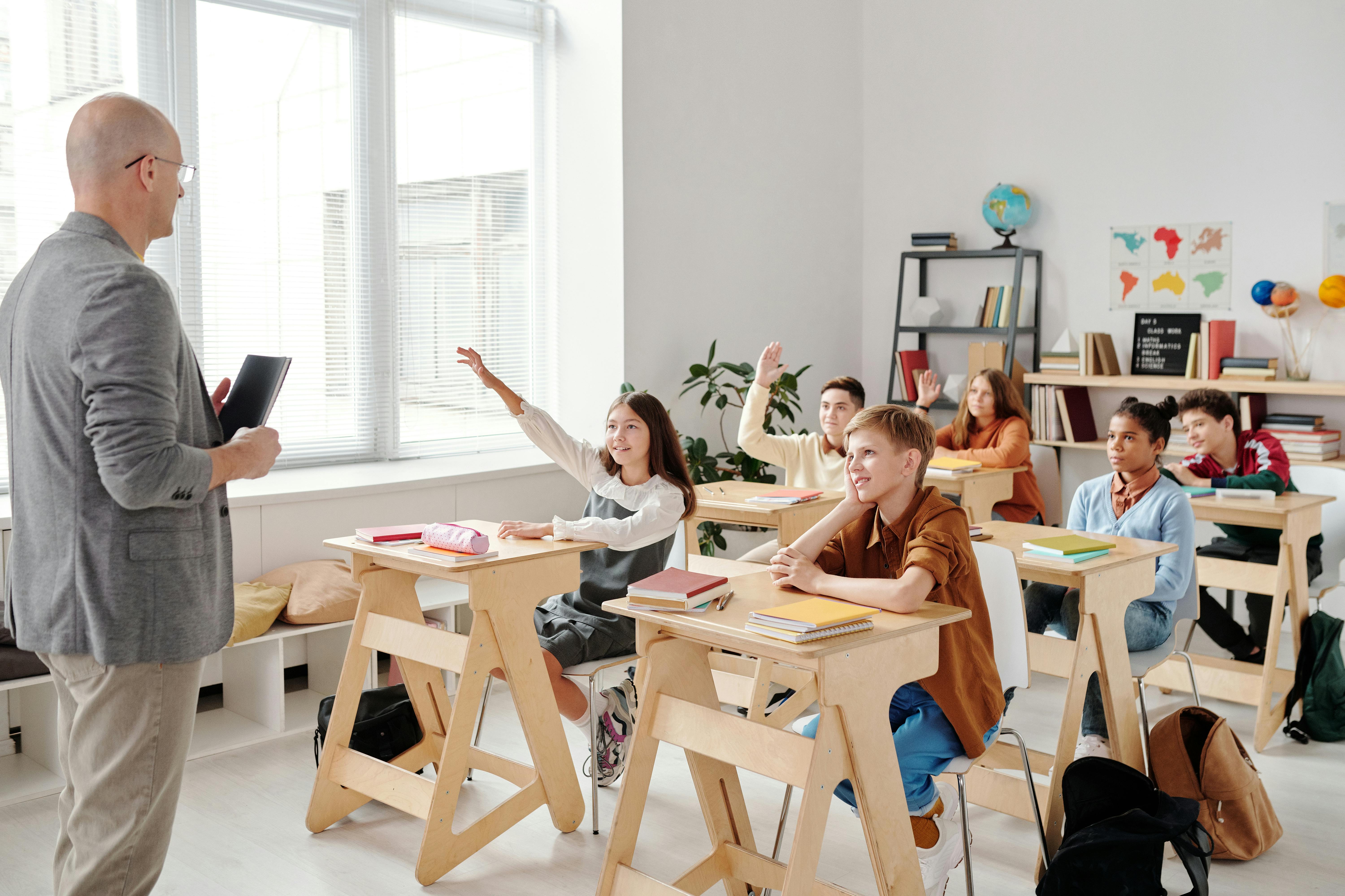 Free Students Raising their Hands in the Classroom Stock Photo