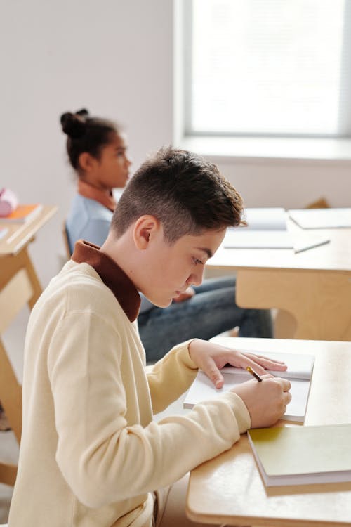 Jongen Die Op Zijn Notitieboekje Schrijft