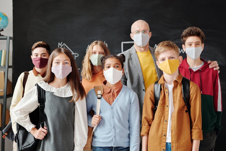 Group Of Students And A Teacher Wearing Face Masks