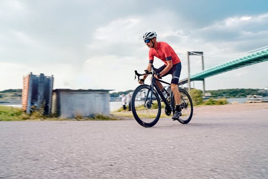 A cyclist in a red jersey riding by a bridge on a sunny day, capturing the spirit of outdoor adventure.