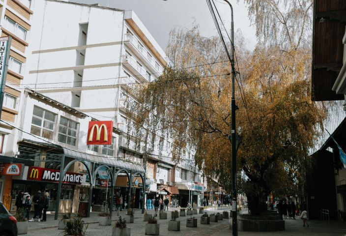 White facade of residential building with signboard and stores located on narrow pavement street with tree against gray sky in daytime