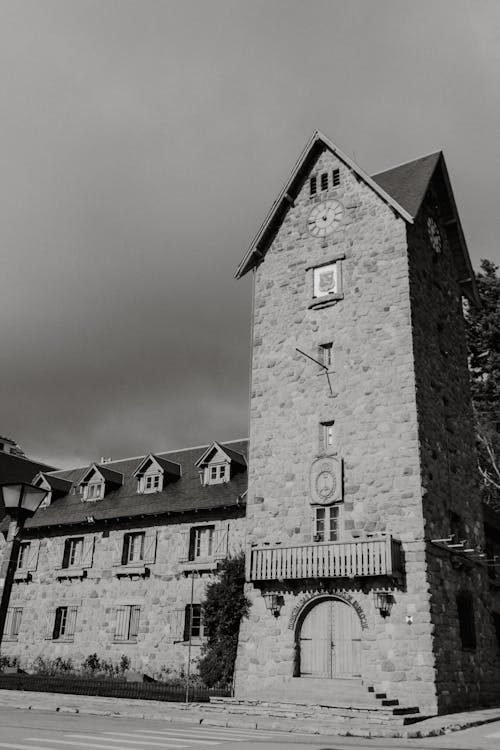 Facade of old castle in street in daytime