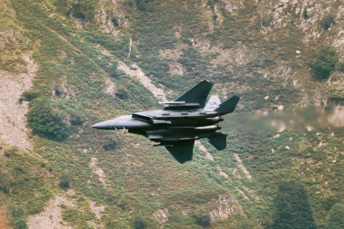 Free Superiority fighter flying over valley Stock Photo