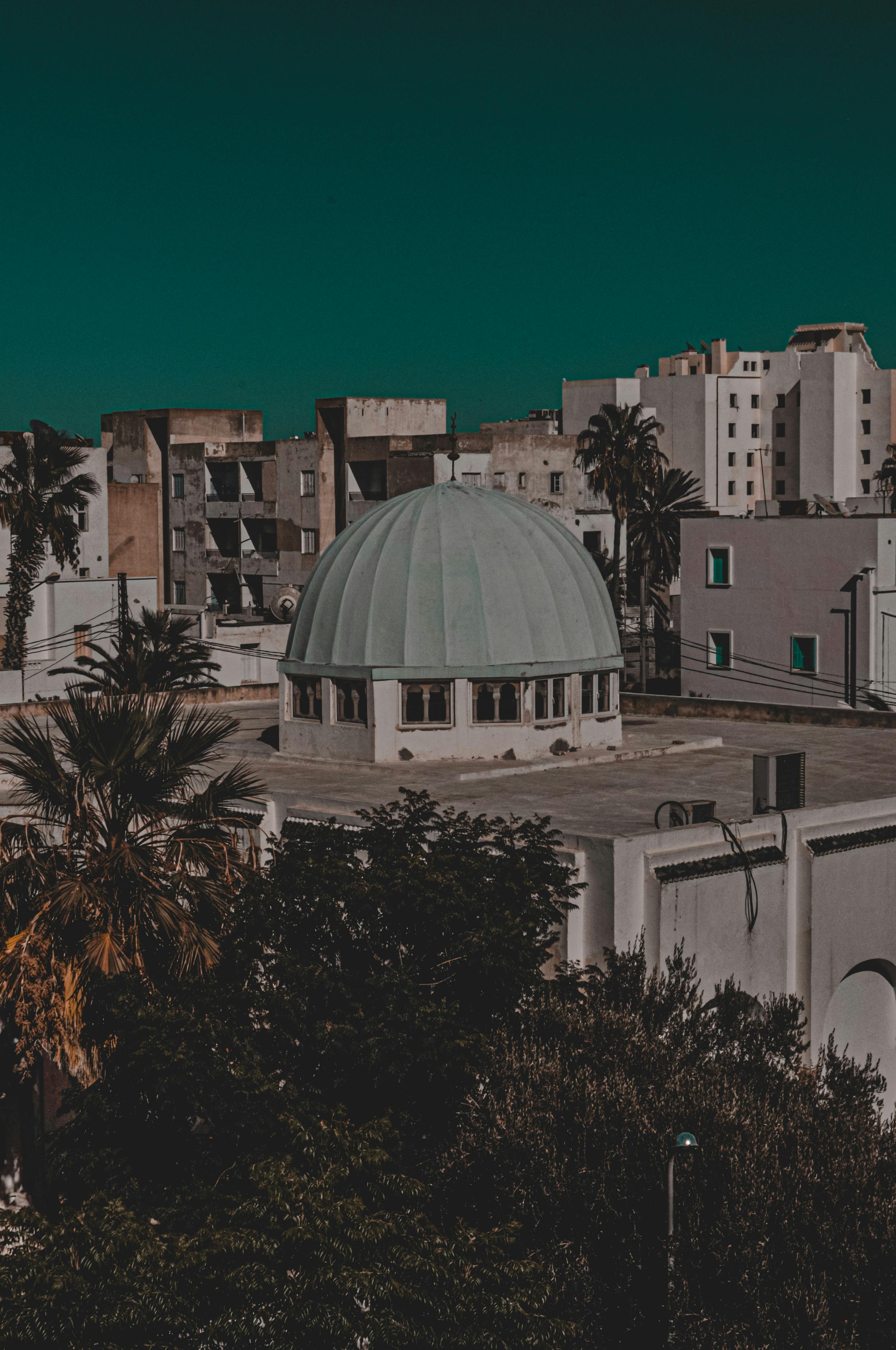 夜间城市场景中，一座圆顶建筑被城市结构所环绕