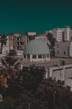 夜间城市场景中，一座圆顶建筑被城市结构所环绕