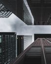 从低角度拍摄法兰克福的现代摩天大楼，其建筑线条在多云天空的映衬下格外突出