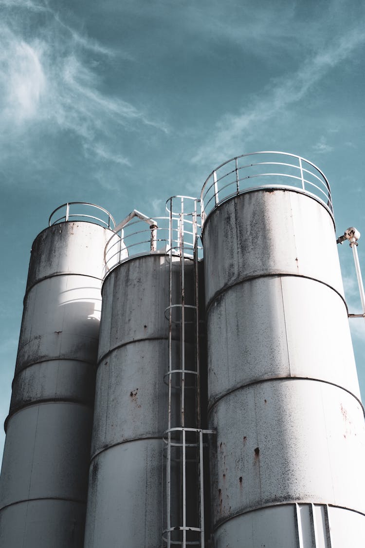 Low Angle Shot Of Grain Silos 