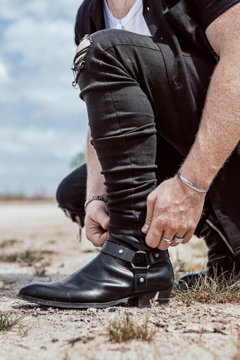 Man Wearing Black Leather Boots