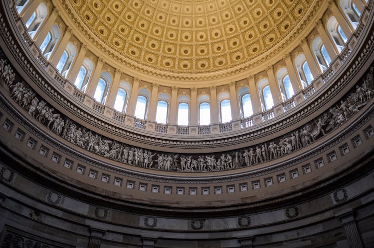 Interior Of United States Capitol Rotunda With Ornamental Dome