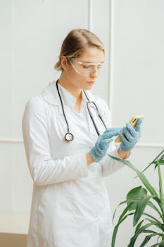 一名穿着防护装备和白外套的女医生在医疗办公室里查看她的智能手机