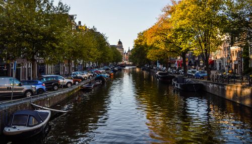 Free Picturesque view of an Amsterdam canal lined with boats, cars, and trees during autumn. Stock Photo