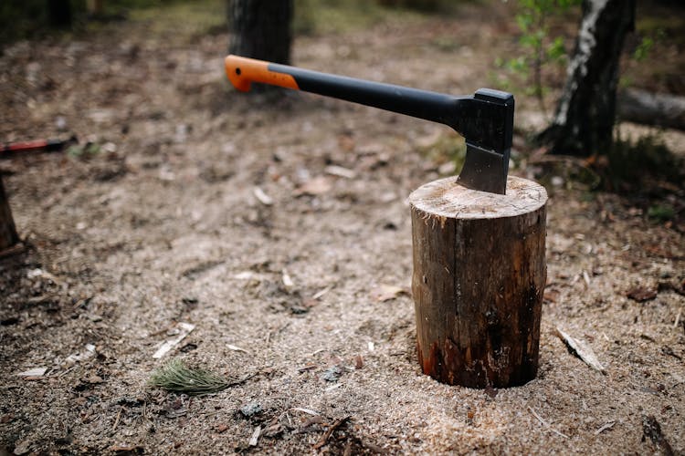 Brown And Black Axe On Brown Wood Log