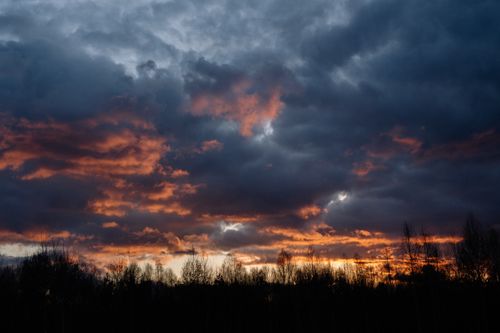 Free A vivid sunset with dramatic storm clouds over a silhouetted forest, showcasing intense colors and contrast. Stock Photo