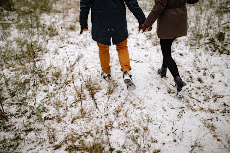 Back View Of Couple In Outerwear Walking On Winter Ground