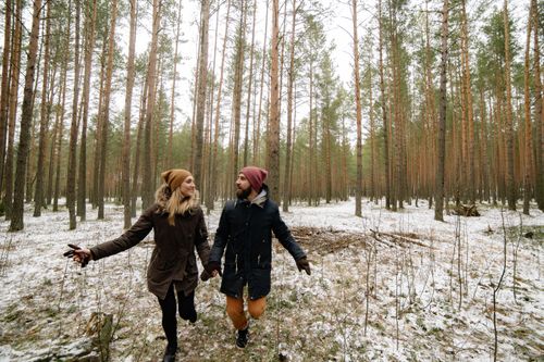 Free A couple dressed warmly holds hands while walking through a snow-dusted forest in winter. Stock Photo