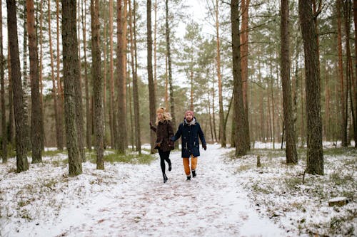 Free A Couple Running in the Forest During Winter  Stock Photo