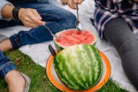 两个人在野餐毯上分享时光，享用新鲜的西瓜
