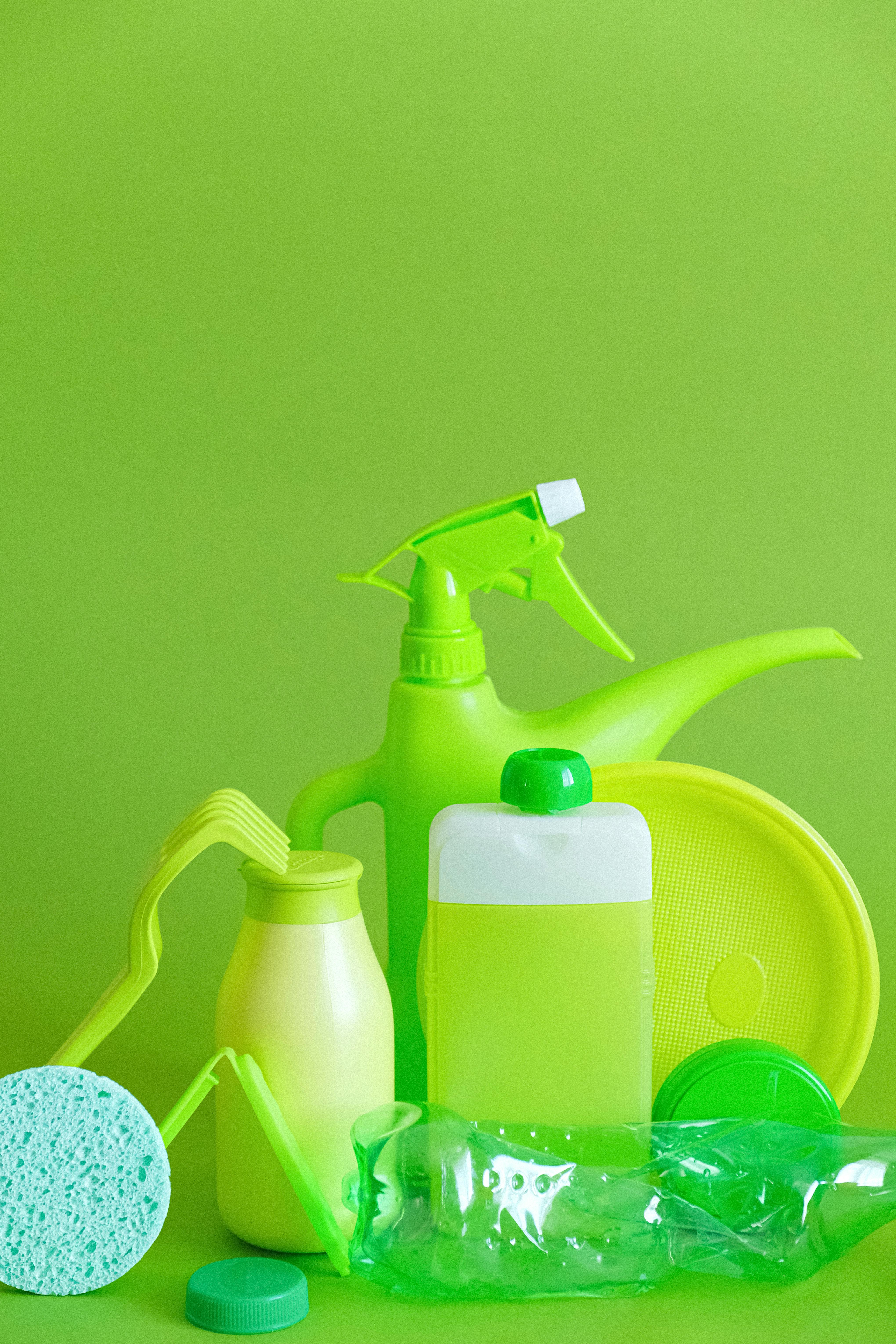 Green detergent bottle with sprayer and sponge with plate · Free Stock