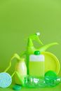 Green detergent bottle with sprayer and sponge with plate