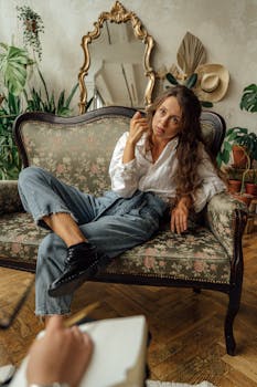 一位女士舒适地躺在一张被植物环绕的老式花卉沙发上，展现出一种轻松的生活方式