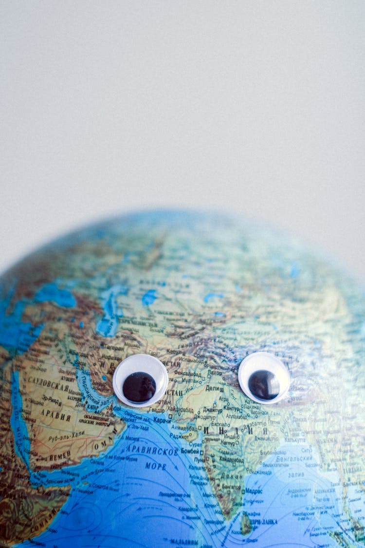 Earth Globe With Googly Eyes On Gray Background