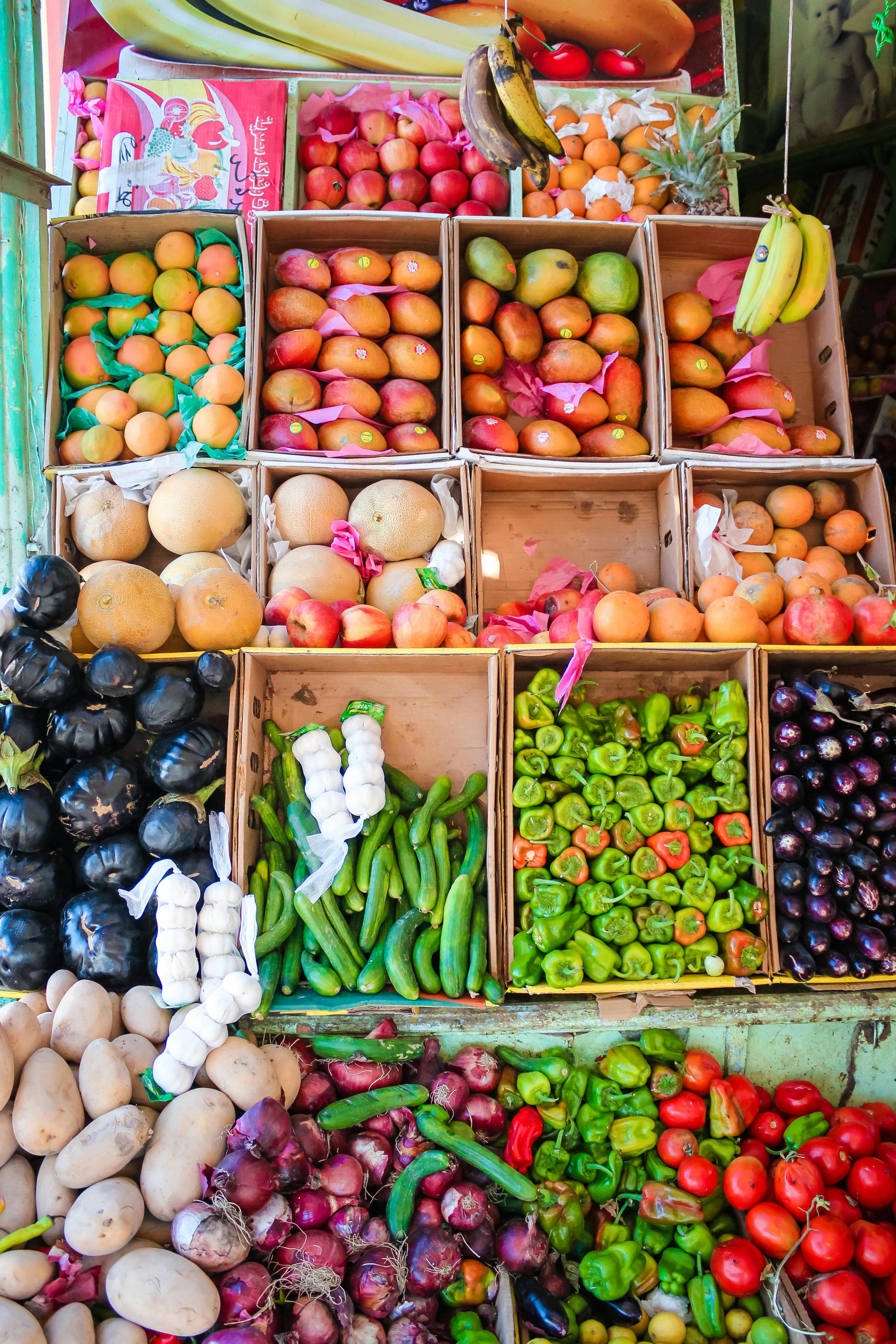 Counter with fresh fruits and vegetables · Free Stock Photo