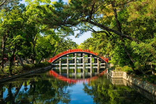 Aged red bridge above water channel near trees in park