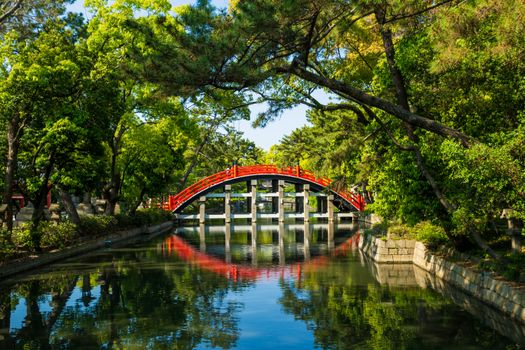 阳光明媚，一座红色石桥静静地横卧在郁郁葱葱、宁静的日本花园中，水中倒影清晰