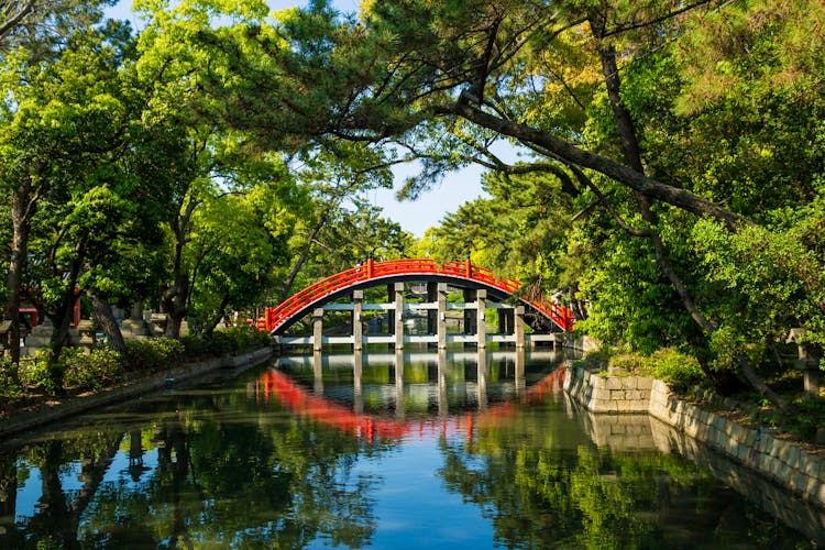 Aged Red Bridge Above Water Channel Near Trees In Park