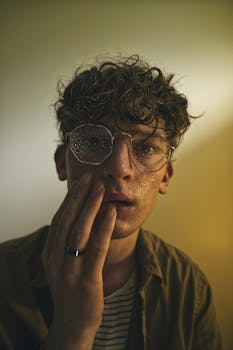 A moody portrait of a young man with glasses and wet hair, exuding introspection.