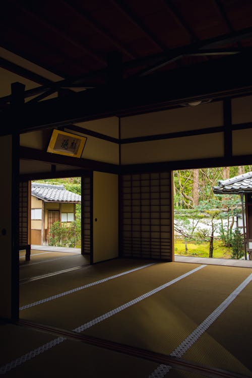 Oriental house interior near garden with trees