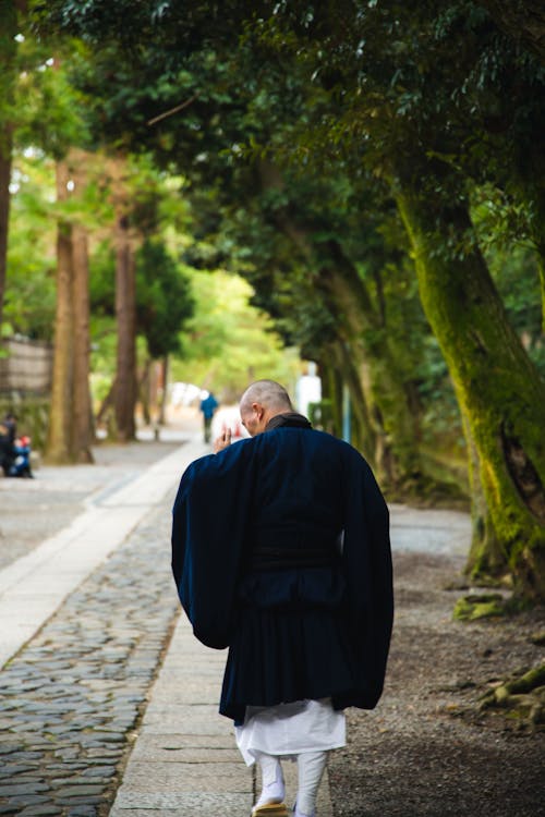 Anonymous Asian priest strolling on walkway between overgrown trees